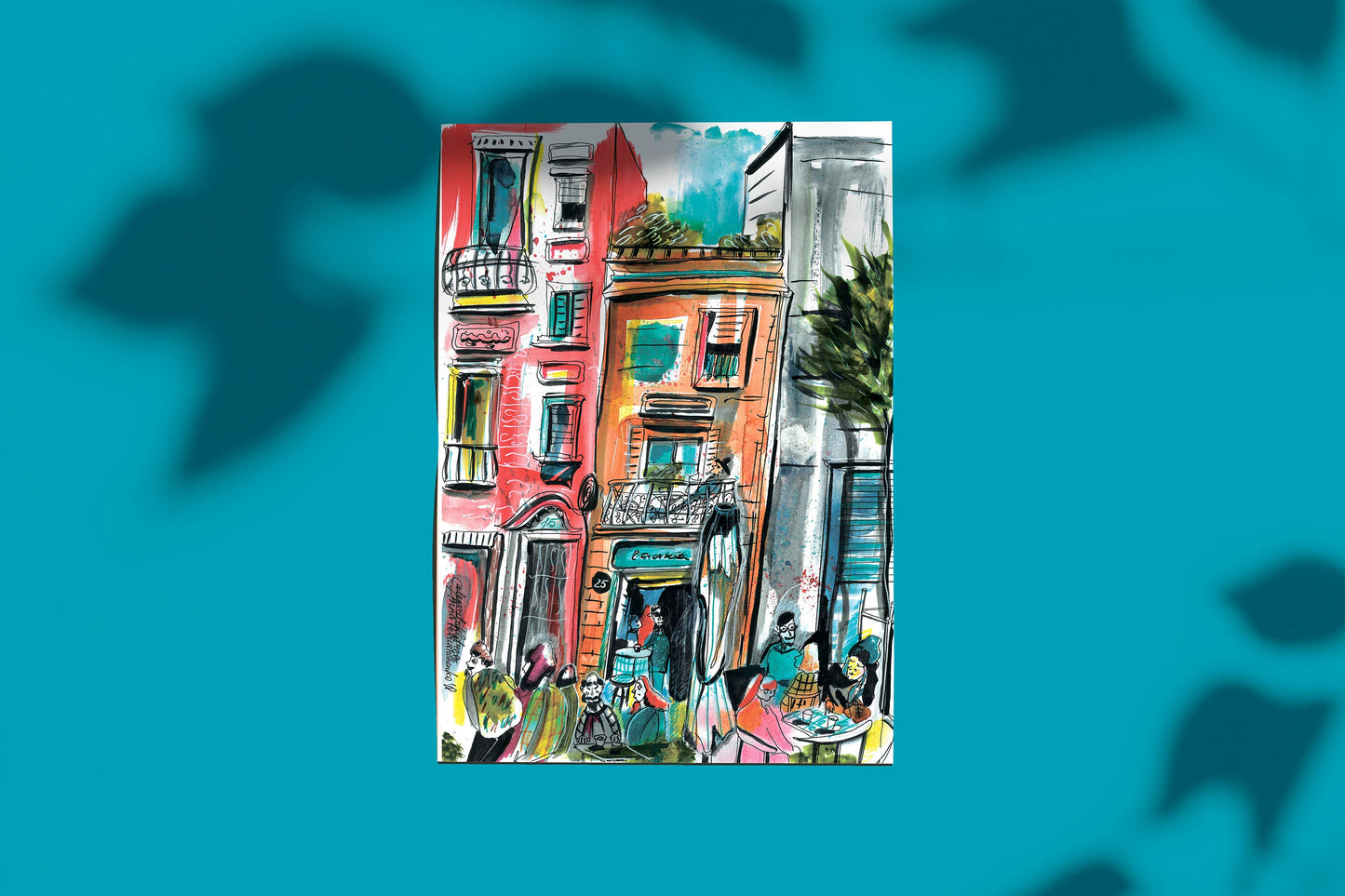 Barcelona Watercolor Print: Red BCN Skyline Art