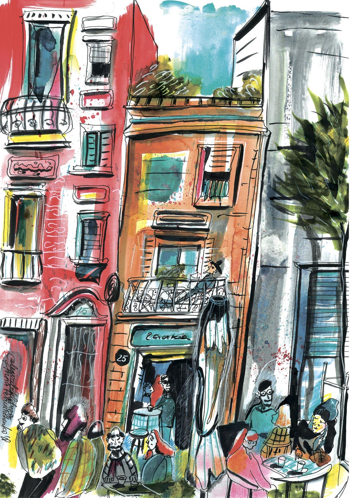 Barcelona Watercolor Print: Red BCN Skyline Art