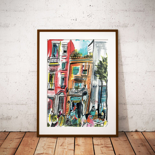 Barcelona Watercolor Print: Red BCN Skyline Art