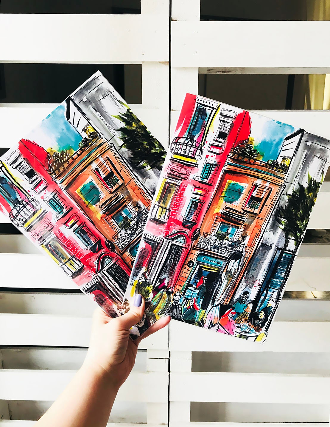 Barcelona Watercolor Print: Red BCN Skyline Art