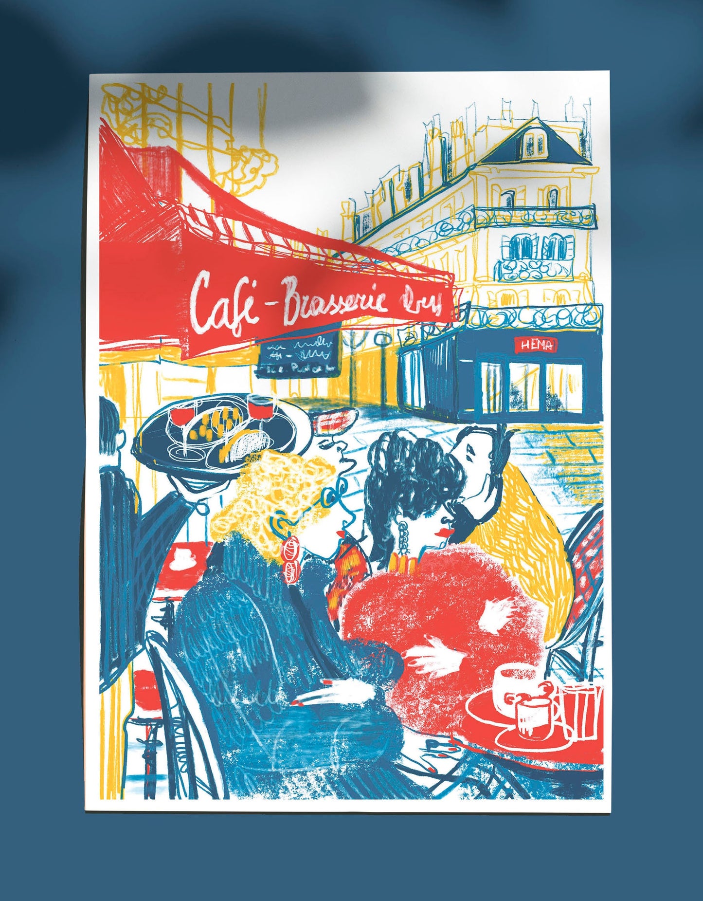 Parisian Cafe Print: Colorful Terrace Scene, Urban Lifestyle