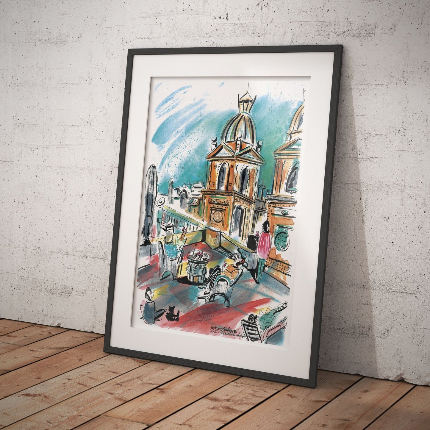 Barcelona Rooftop Fiesta Watercolor Art Print: Home Decor