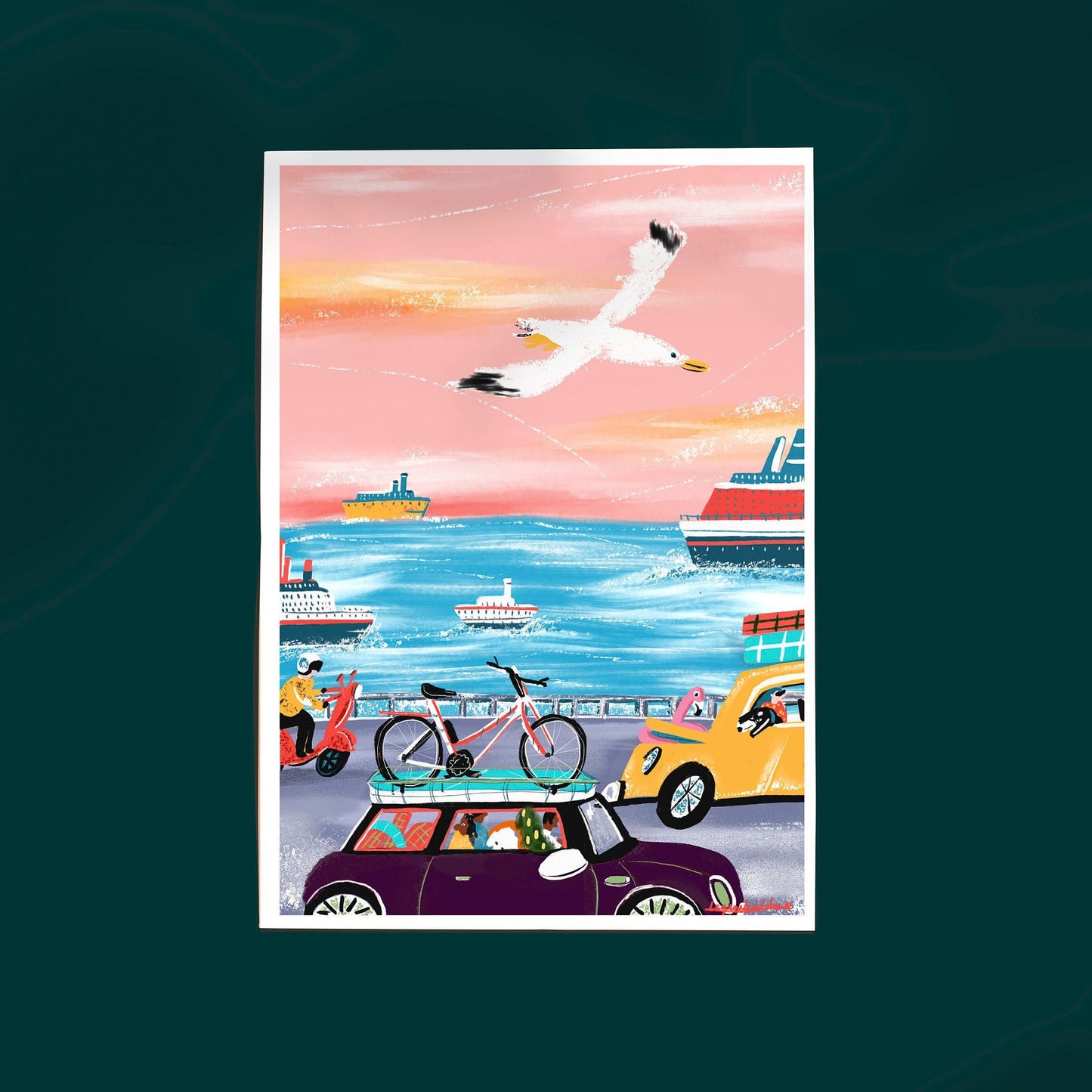 Seagull Travel Art Print: Pink & Blue Holiday Illustration