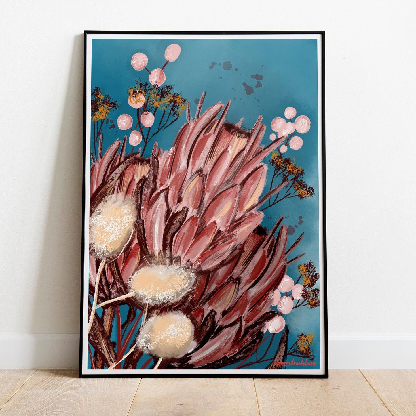 King Protea Art Print: Pink Floral Illustration, A3 Poster