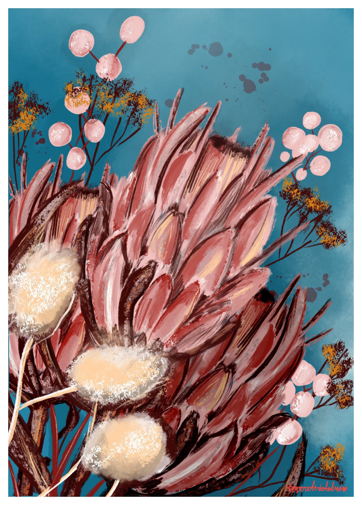 King Protea Art Print: Pink Floral Illustration, A3 Poster