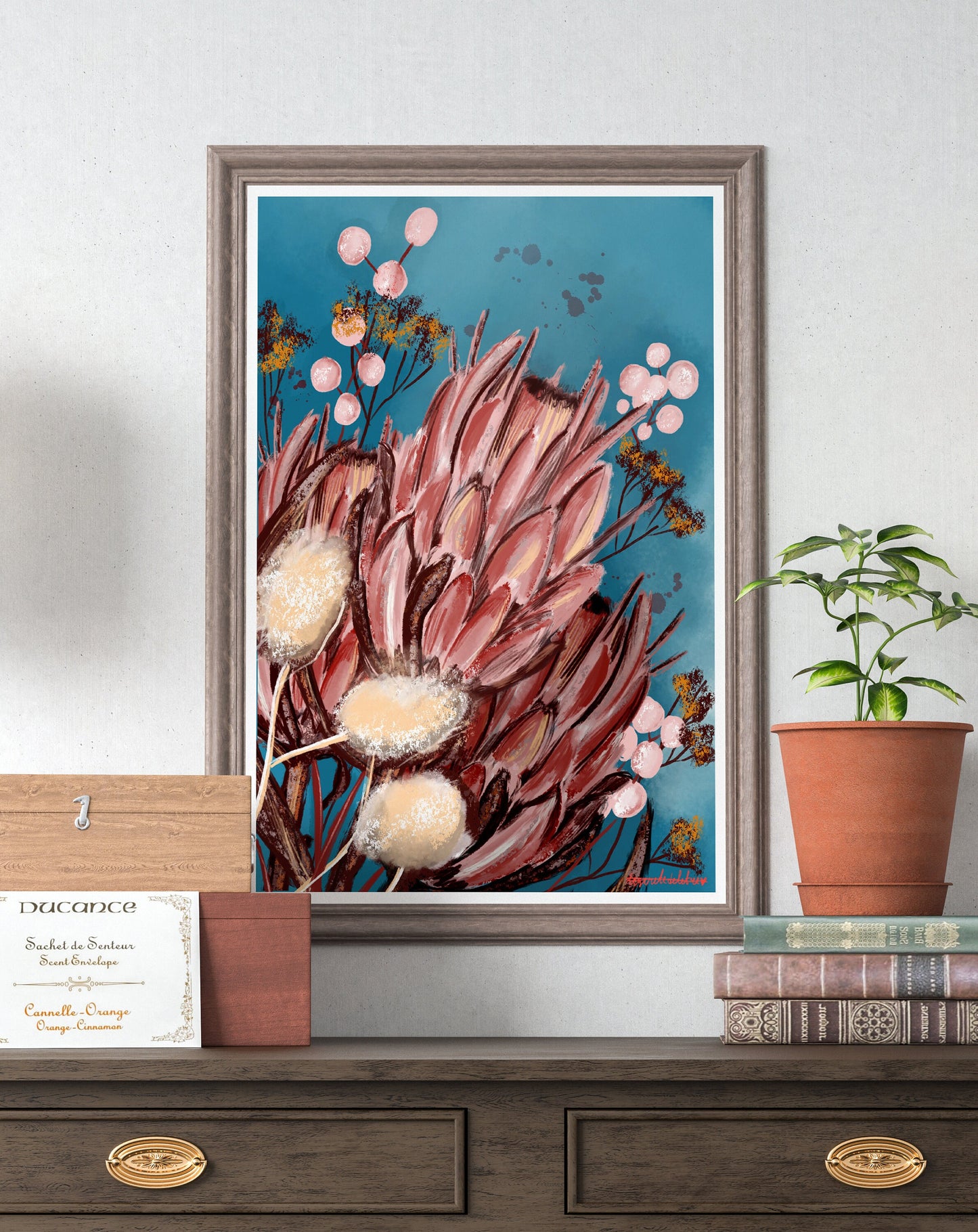 King Protea Art Print: Pink Floral Illustration, A3 Poster
