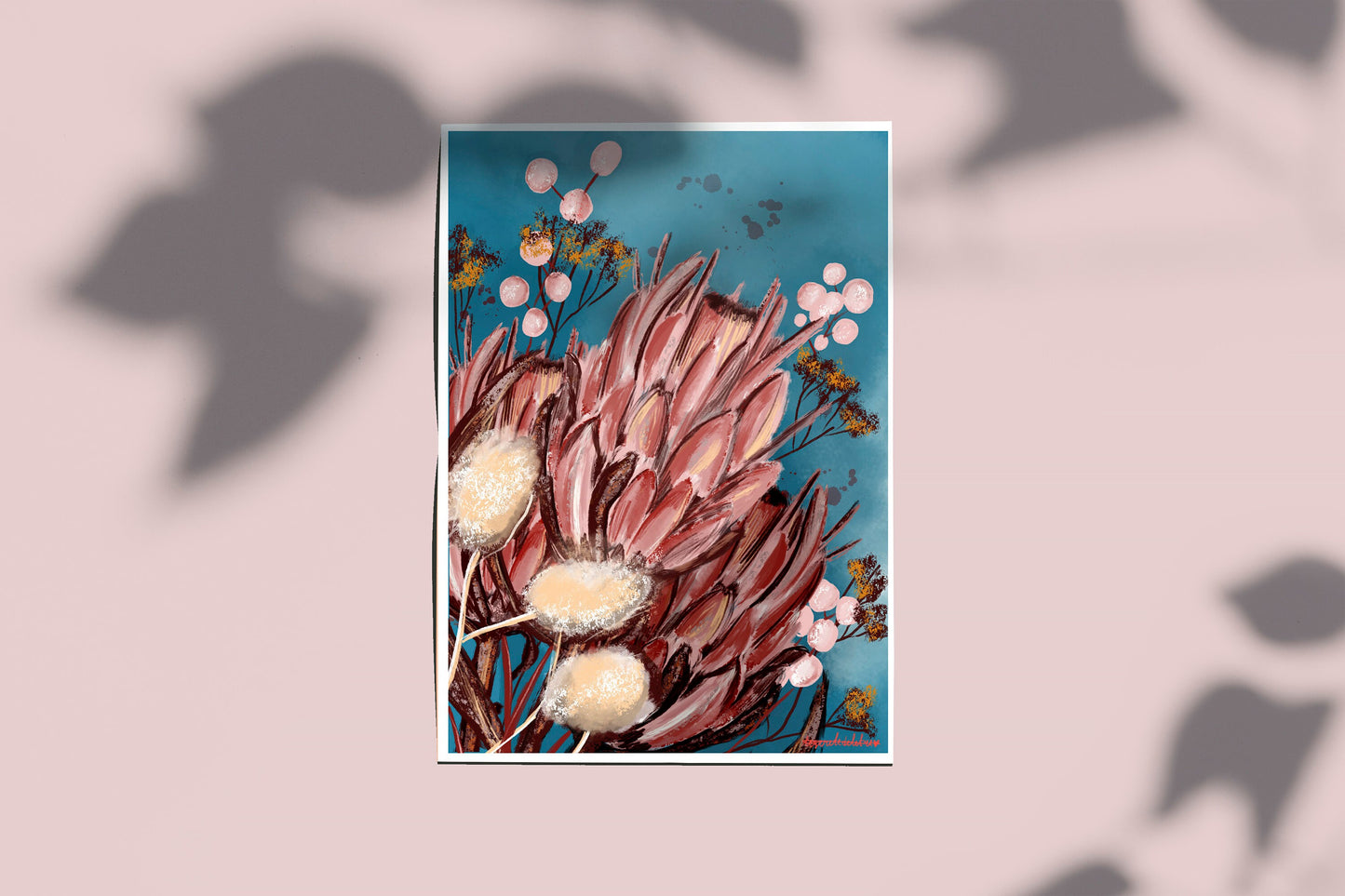 King Protea Art Print: Pink Floral Illustration, A3 Poster