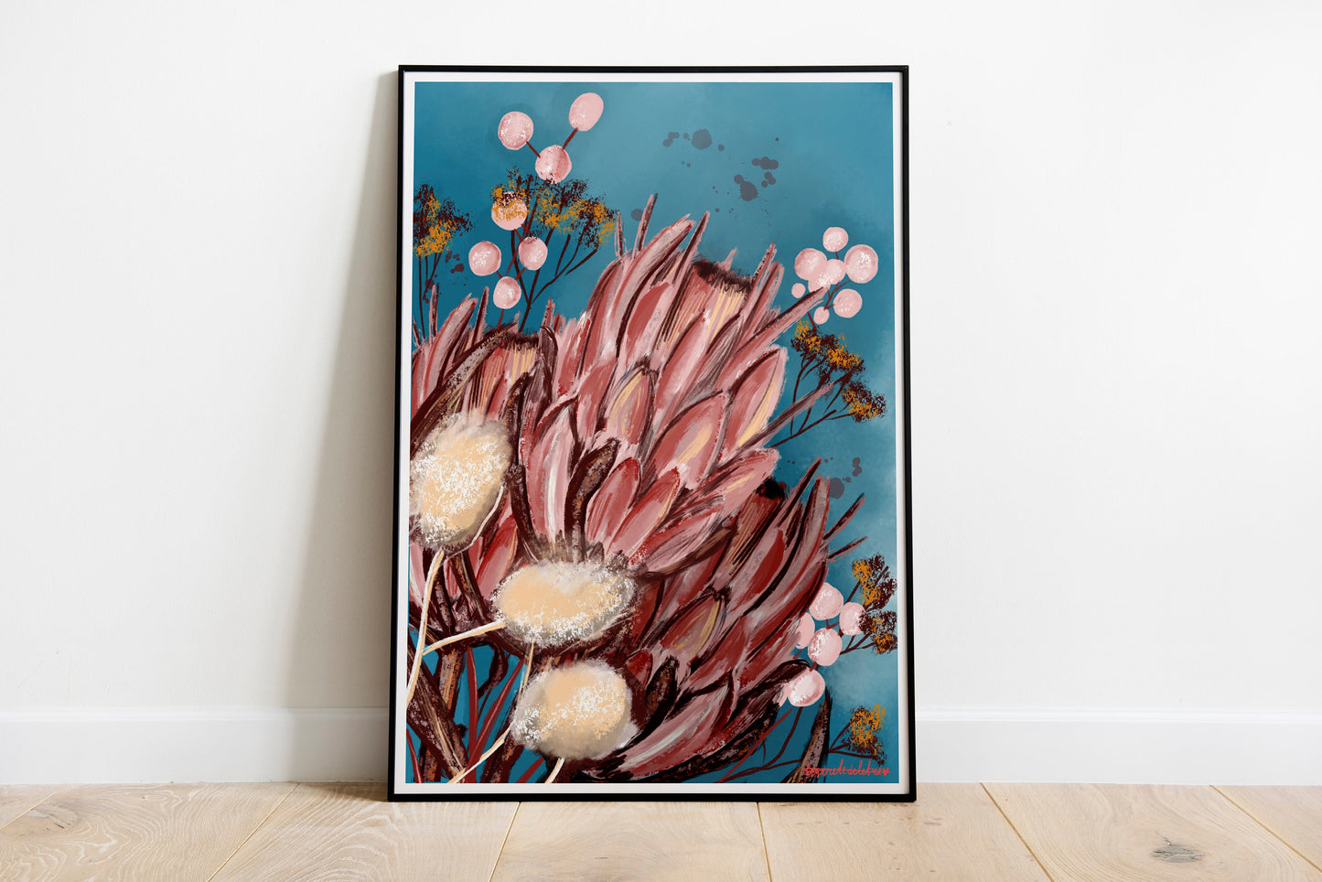 King Protea Art Print: Pink Floral Illustration, A3 Poster