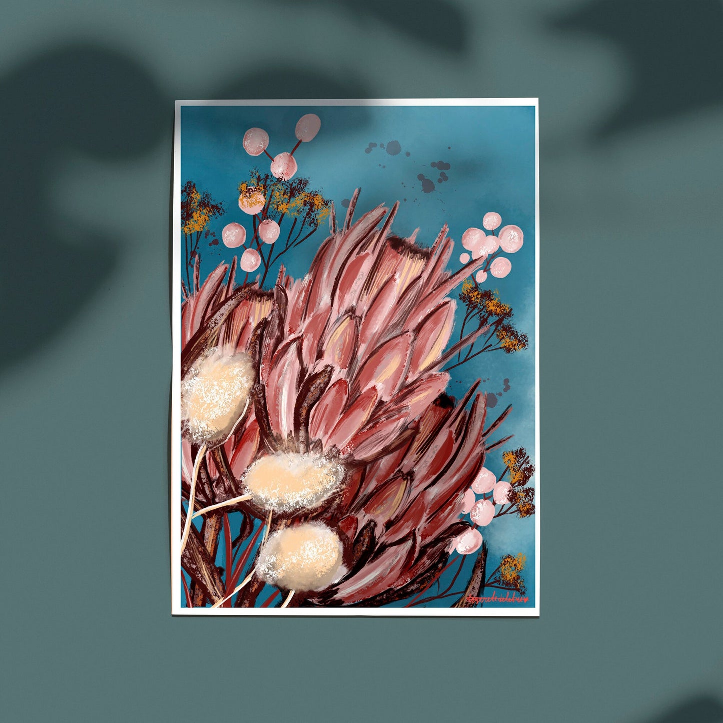King Protea Art Print: Pink Floral Illustration, A3 Poster
