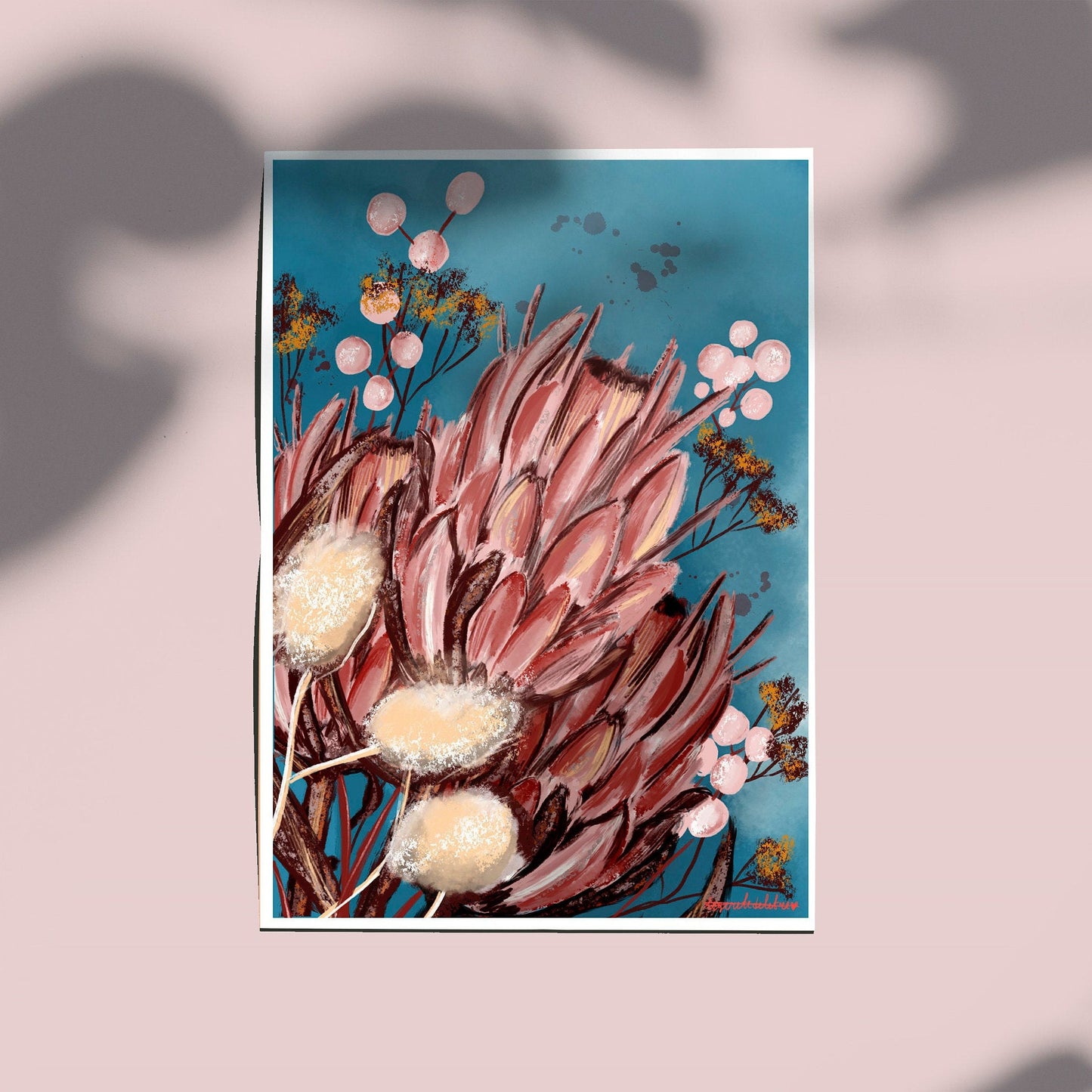 King Protea Art Print: Pink Floral Illustration, A3 Poster