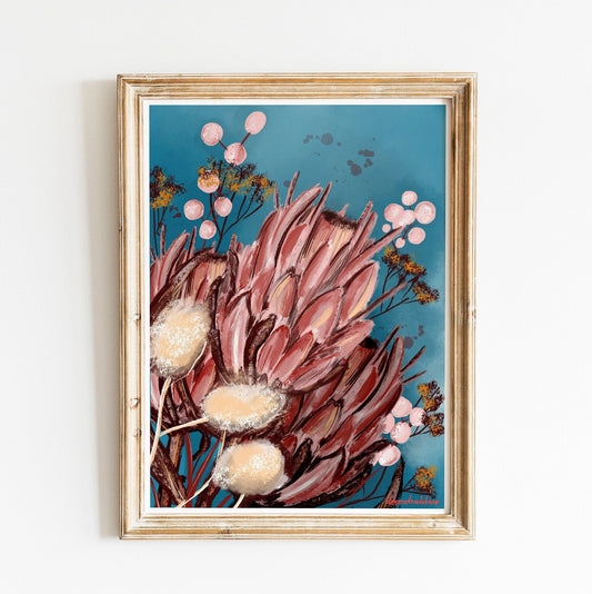 King Protea Art Print: Pink Floral Illustration, A3 Poster