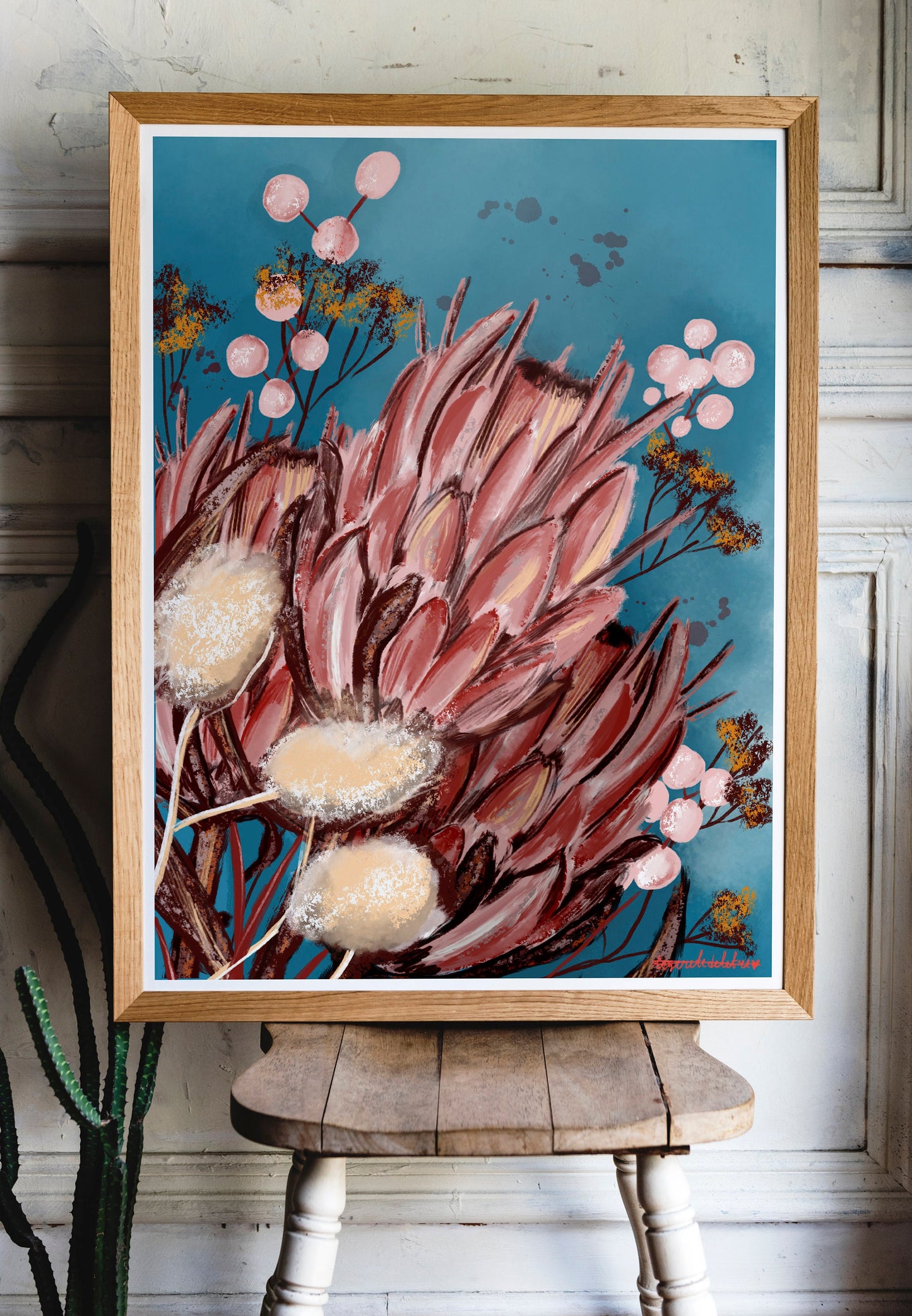 King Protea Art Print: Pink Floral Illustration, A3 Poster