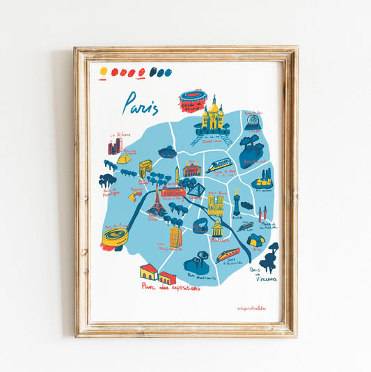 Paris Illustrated Map Print: France City Wall Art