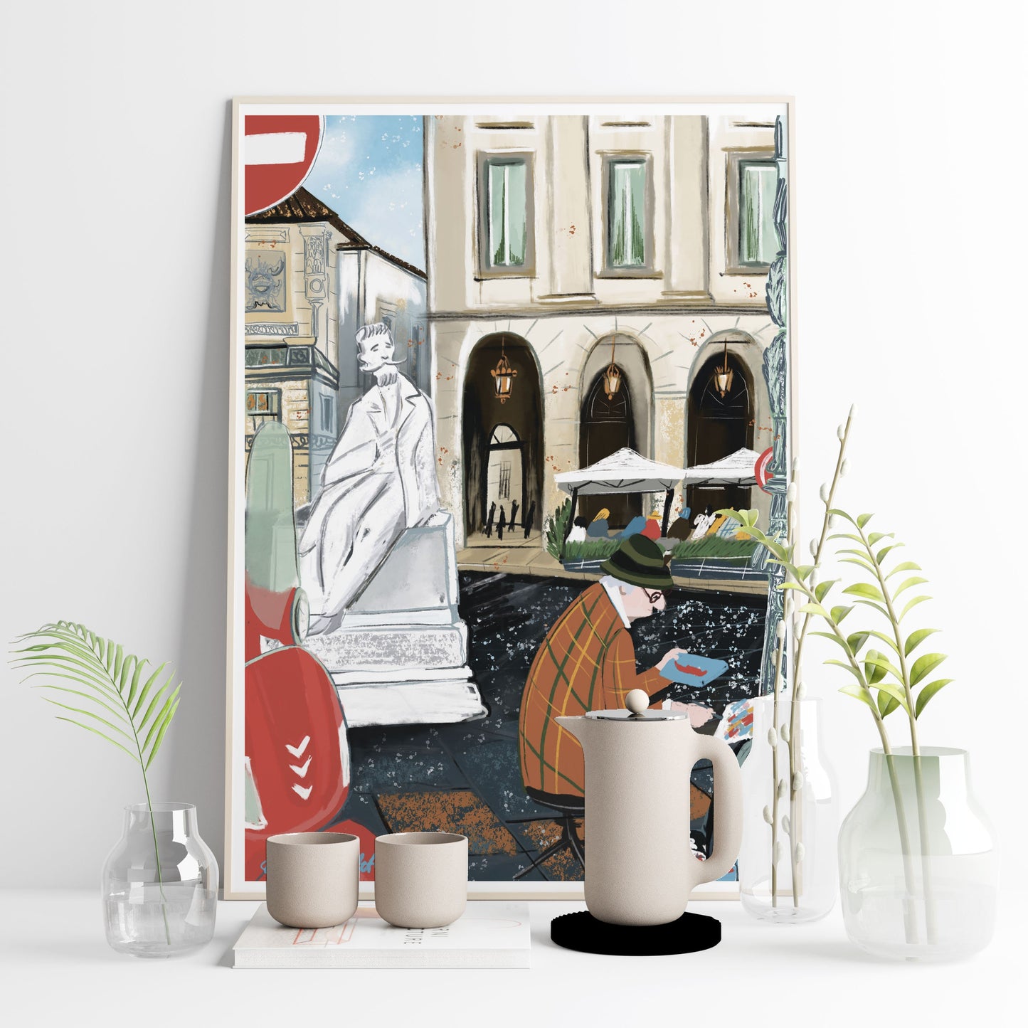 Milan City Print: Italian Street Scene Illustration