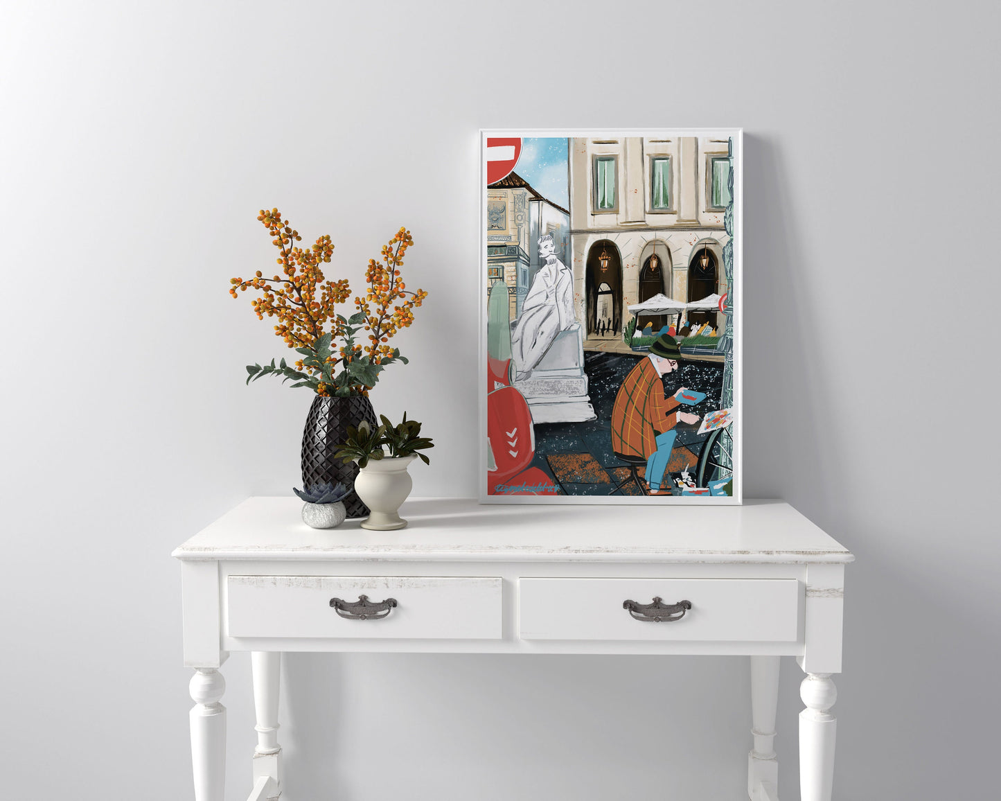 Milan City Print: Italian Street Scene Illustration