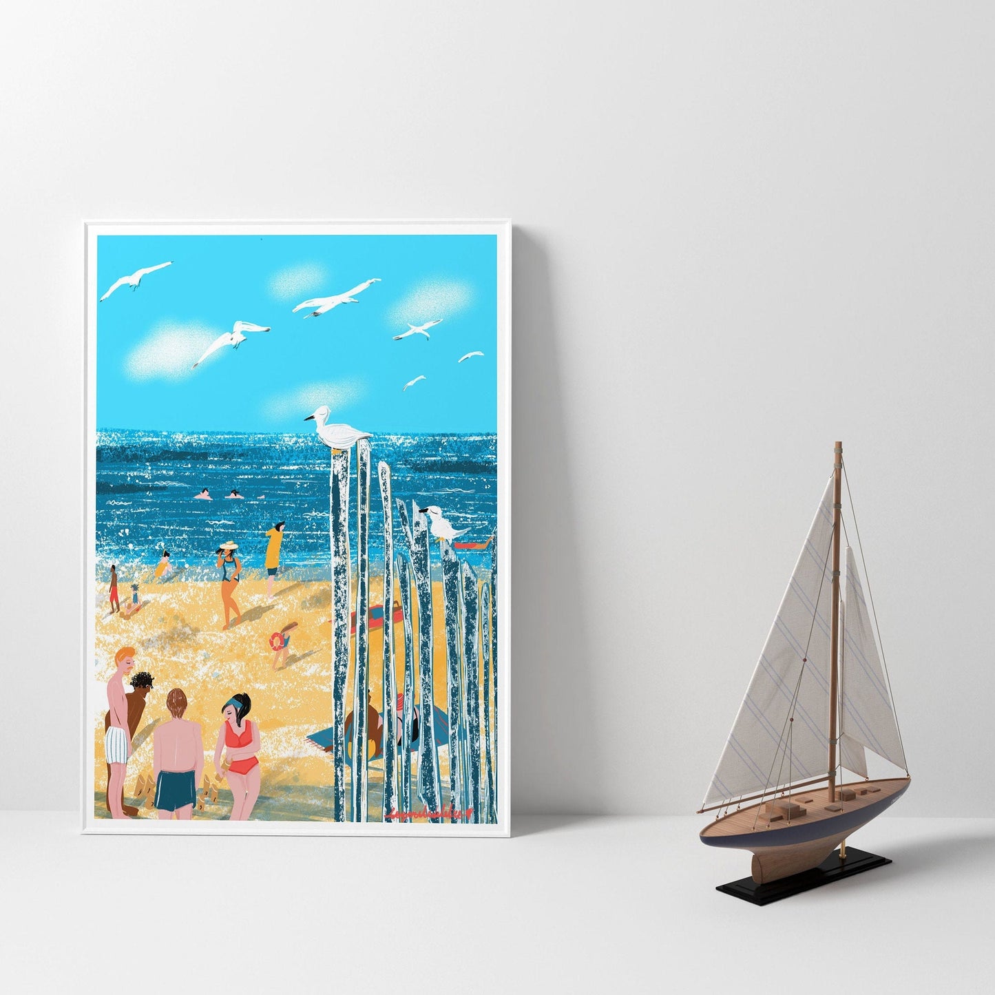 Saint-Malo Beach Print: Bretagne France Illustration, Seagulls (Digital Print)