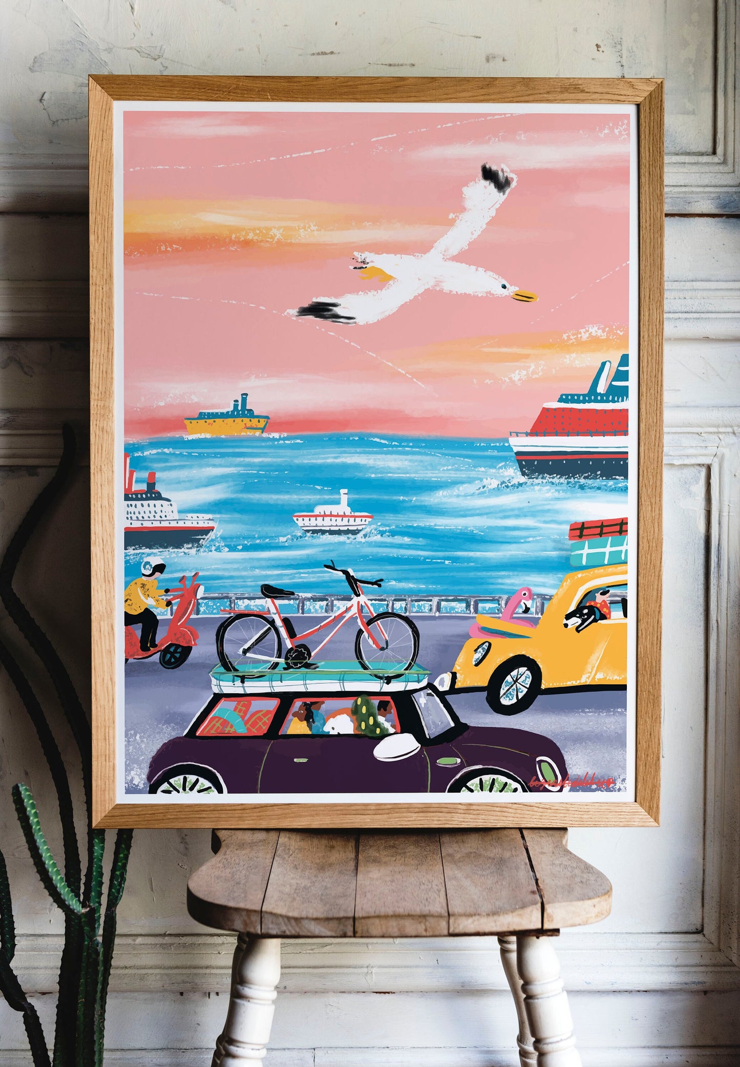 Seagull Travel Art Print: Pink & Blue Holiday Illustration