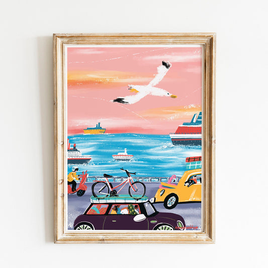 Seagull Travel Art Print: Pink & Blue Holiday Illustration