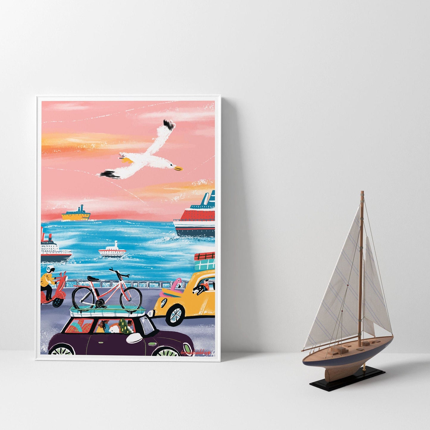Seagull Travel Art Print: Pink & Blue Holiday Illustration