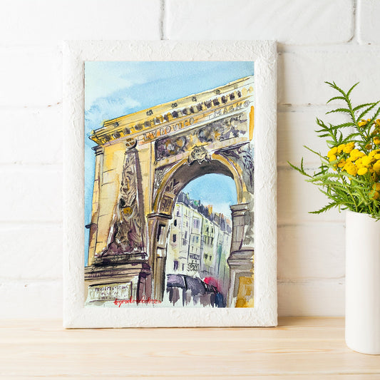Paris Street Scene Watercolor Sketch: Porte Saint-Denis Original Art