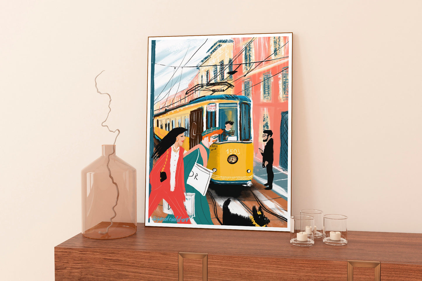 Milan Tram Painting|Milan art print|yellow tram|italian sketch|Milan fashion poster