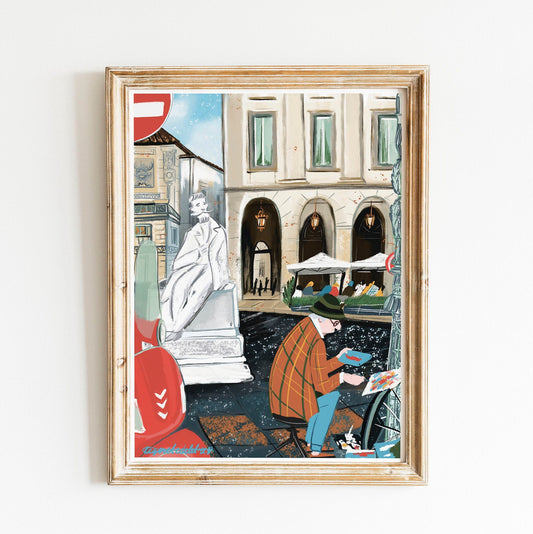 Milan City Print: Italian Street Scene Illustration