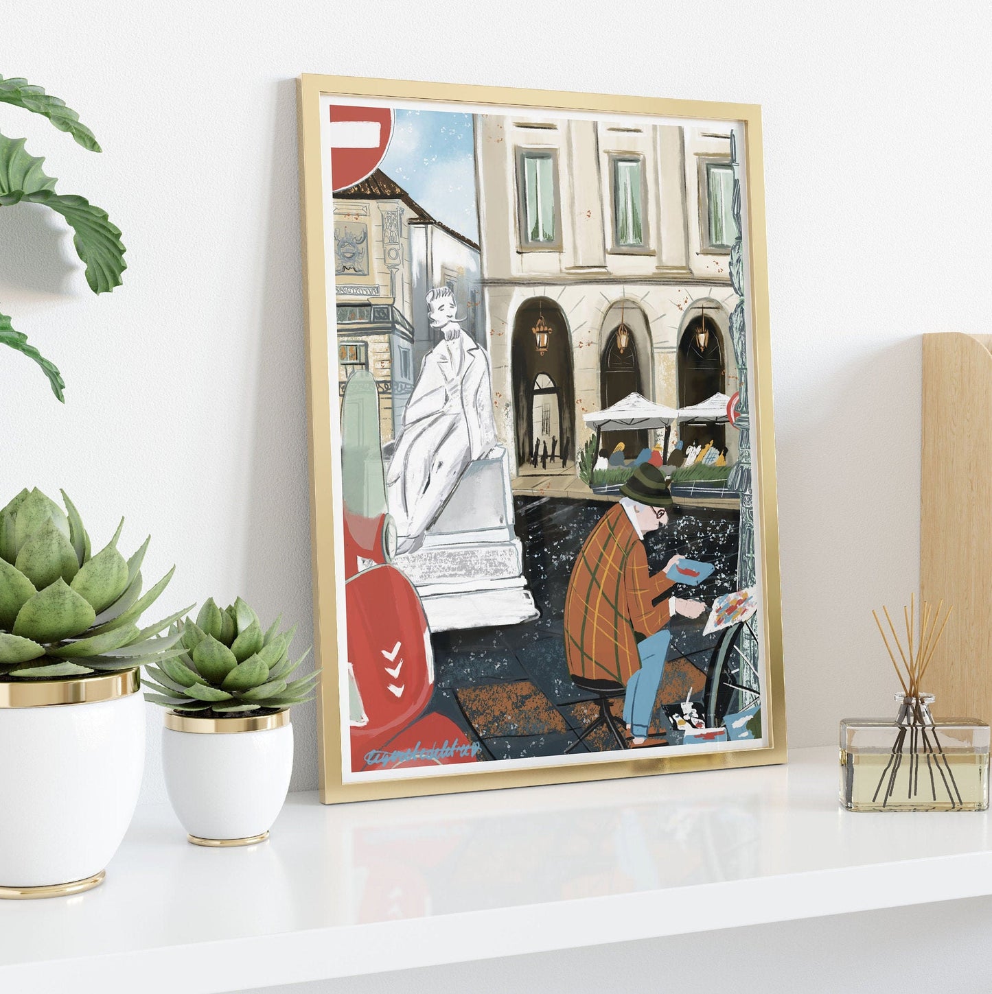 Milan City Print: Italian Street Scene Illustration