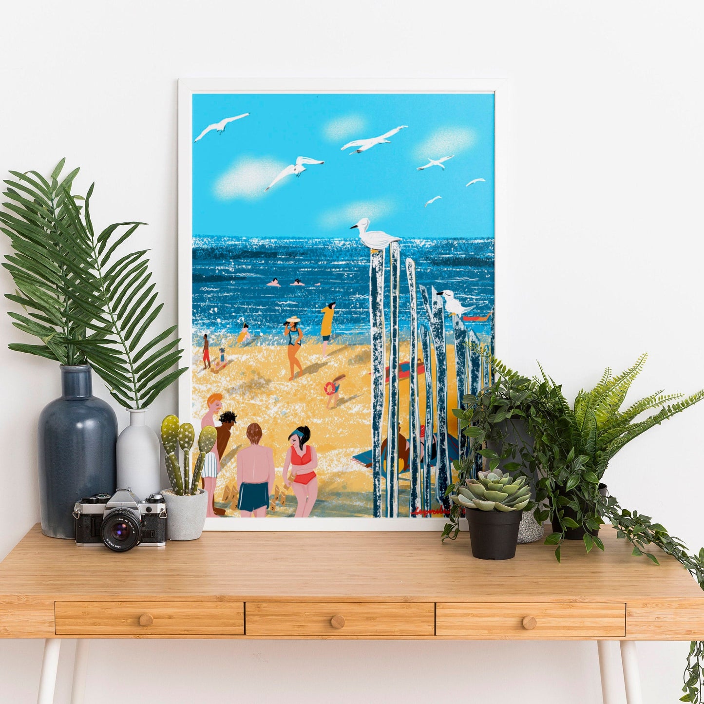Saint-Malo Beach Print: Bretagne France Illustration, Seagulls (Digital Print)