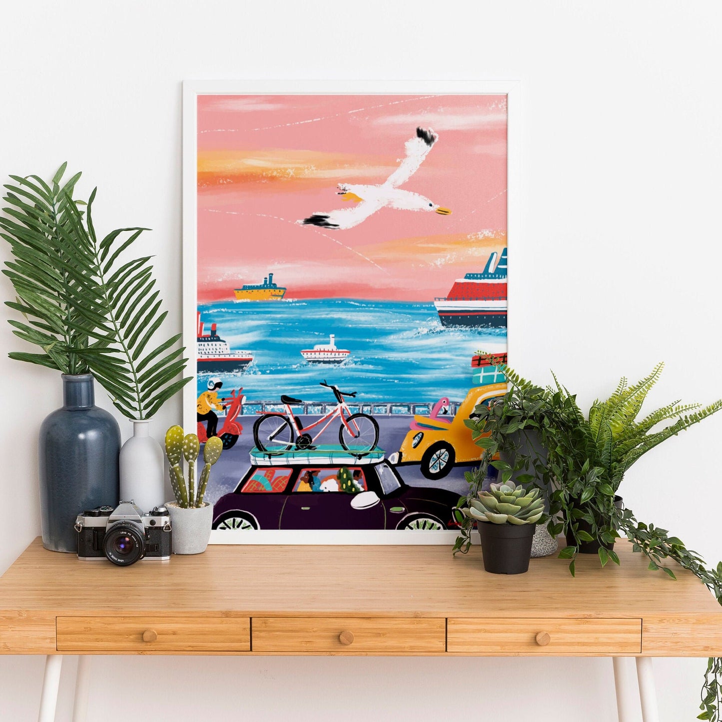 Seagull Travel Art Print: Pink & Blue Holiday Illustration