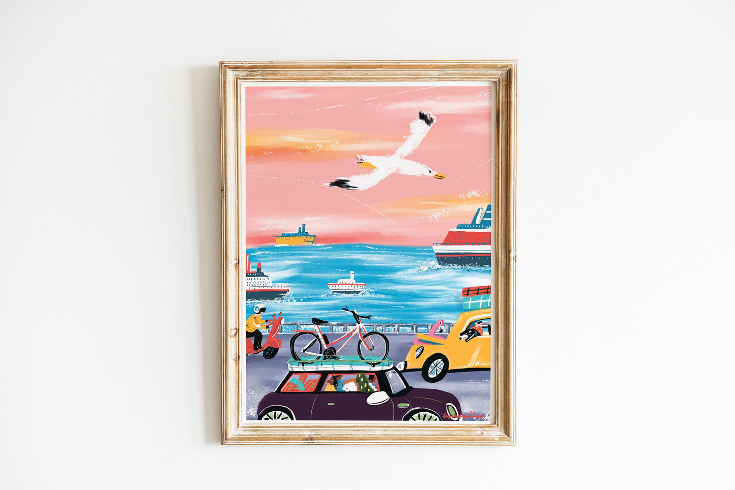 Seagull Travel Art Print: Pink & Blue Holiday Illustration