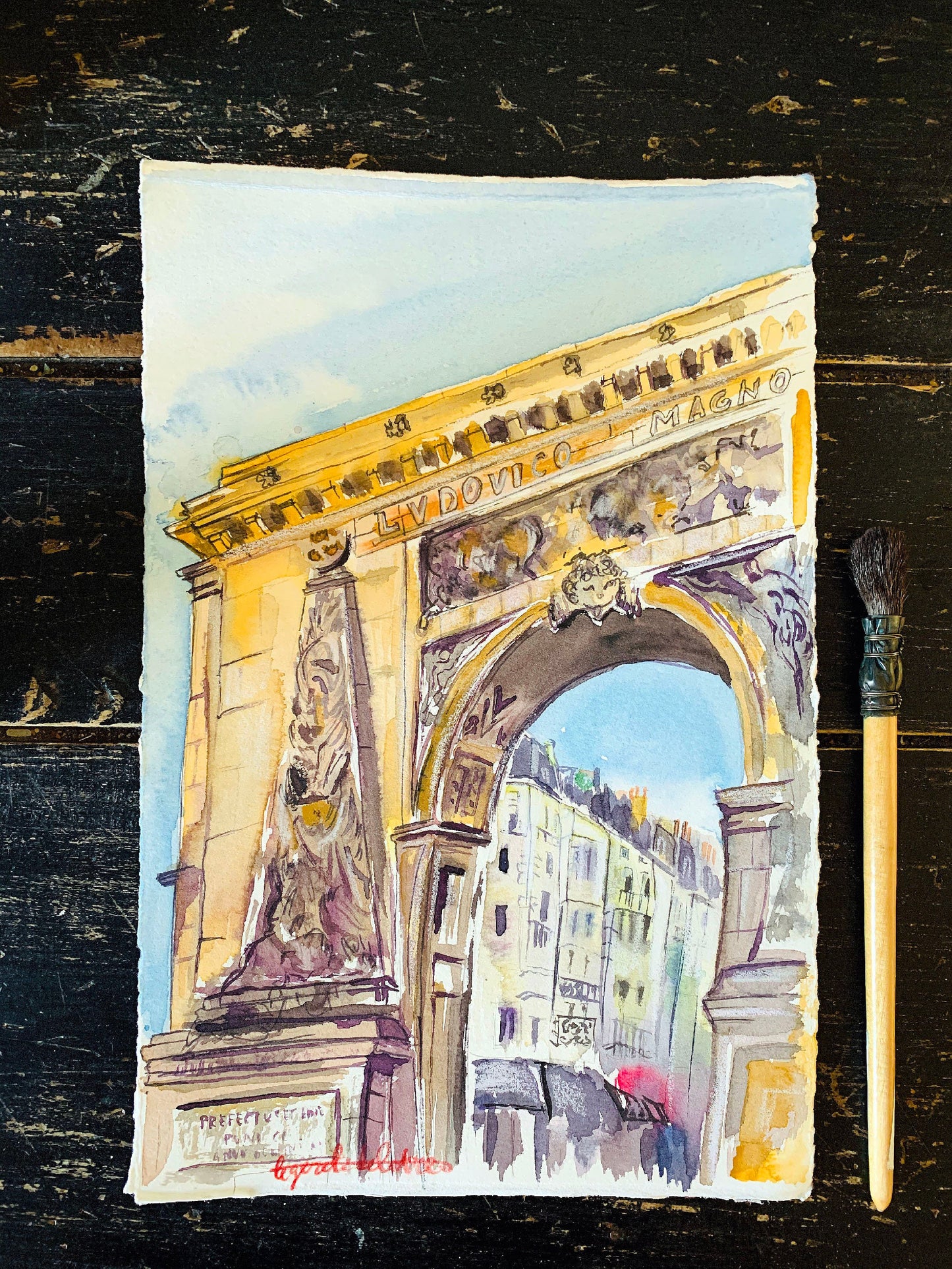 Paris Street Scene Watercolor Sketch: Porte Saint-Denis Original Art