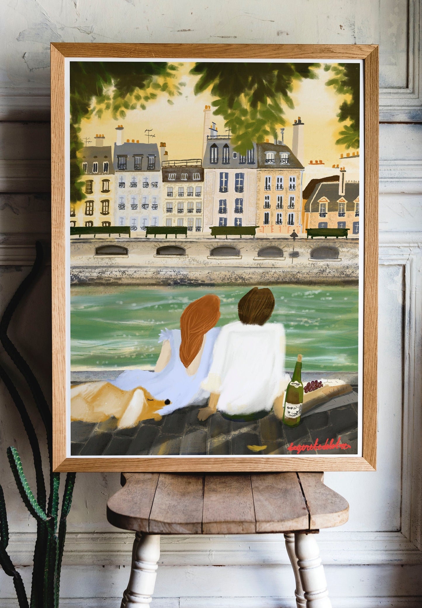 Paris Sunset Print: Couple in Love Illustration, City of Love
