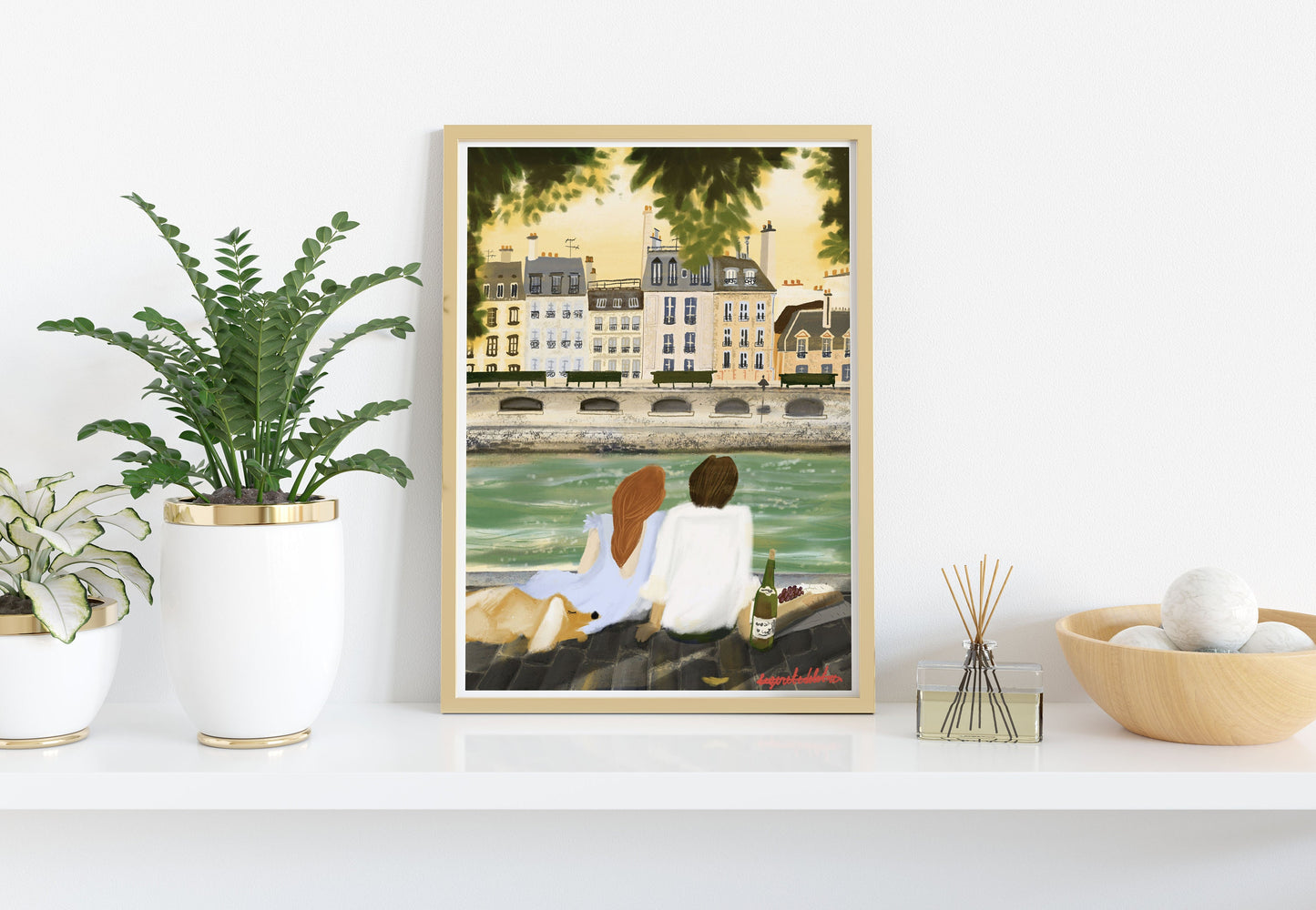 Paris Sunset Print: Couple in Love Illustration, City of Love