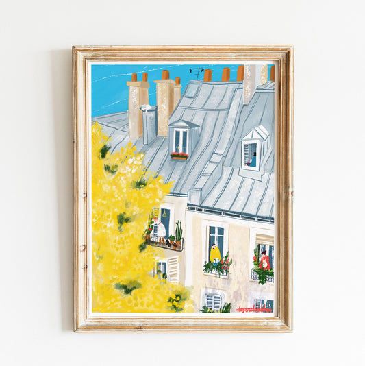 Paris Mimosa Wall Art -French Balcony Spring Print, Paris Rooftop Illustration