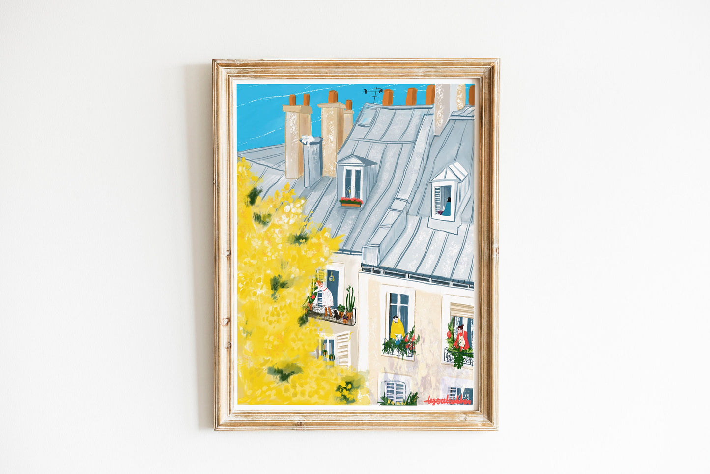 Paris Mimosa Wall Art -French Balcony Spring Print, Paris Rooftop Illustration