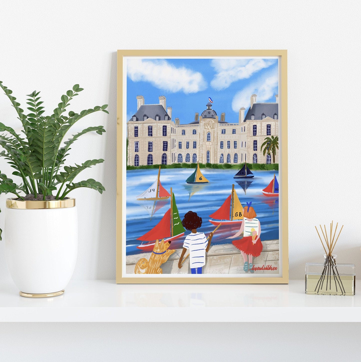 Jardin du Luxembourg children and dog poster |Paris in the summer |Palais du Luxembourg poster |Paris souvenir poster