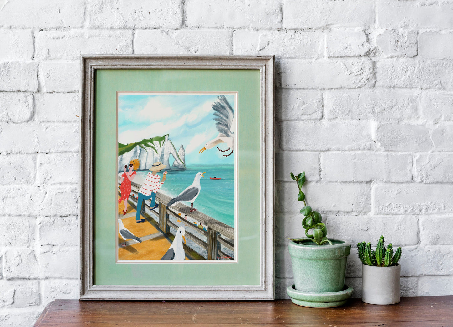 Etretat Cliffs Print: Normandy Seagull Art (Digital Illustration)