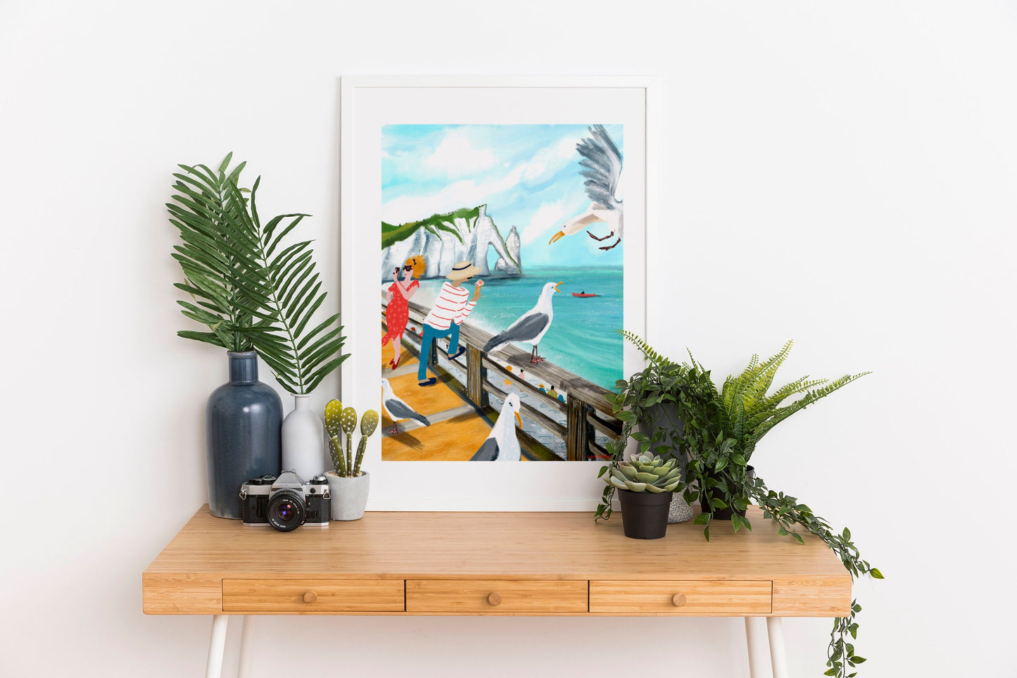 Etretat Cliffs Print: Normandy Seagull Art (Digital Illustration)