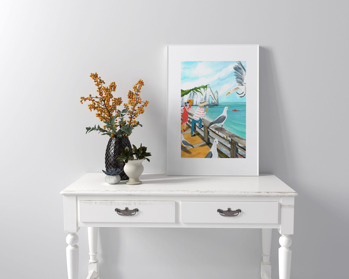 Etretat Cliffs Print: Normandy Seagull Art (Digital Illustration)