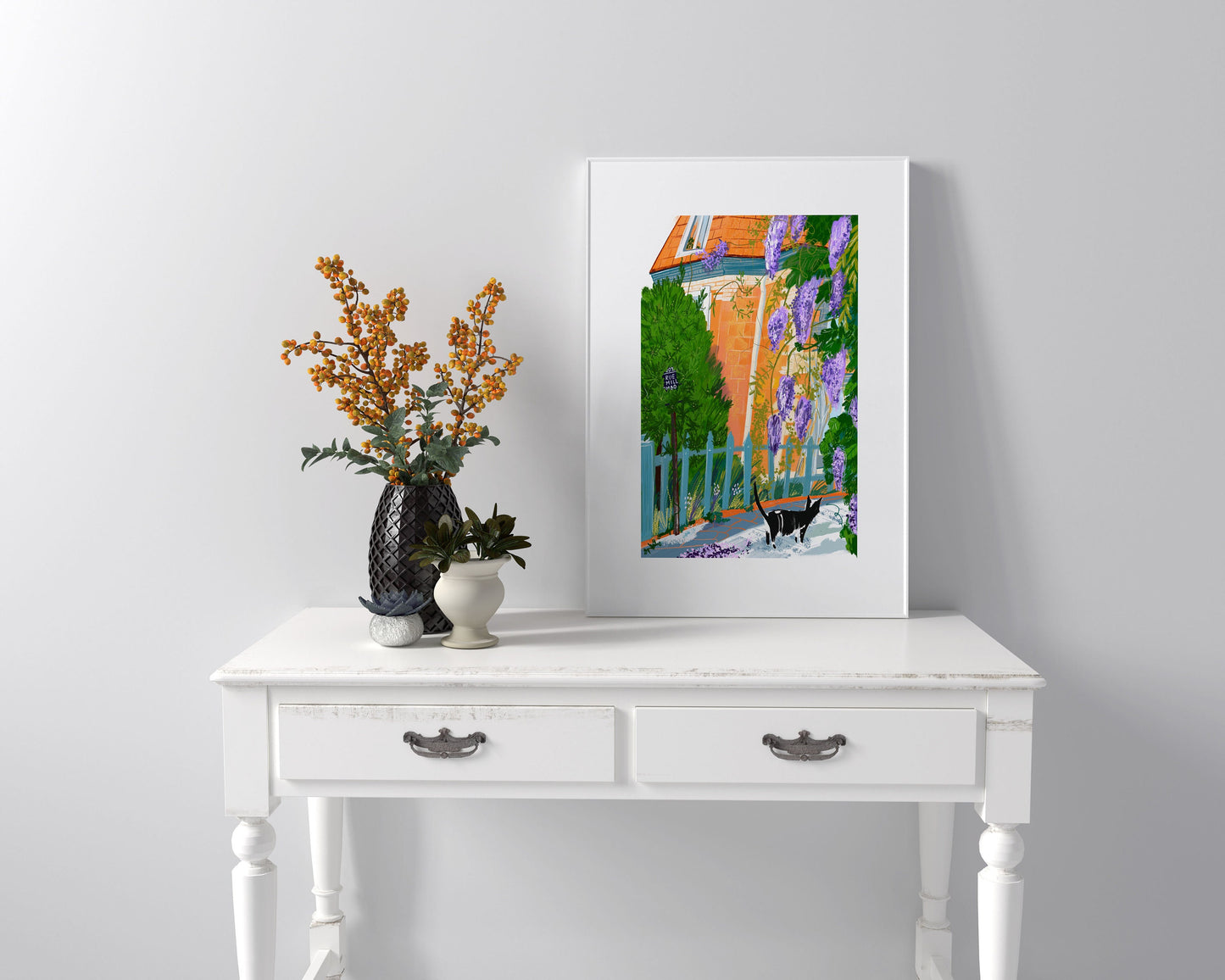 Paris Village Print: Purple Wisteria, Parisian Cat (A4)
