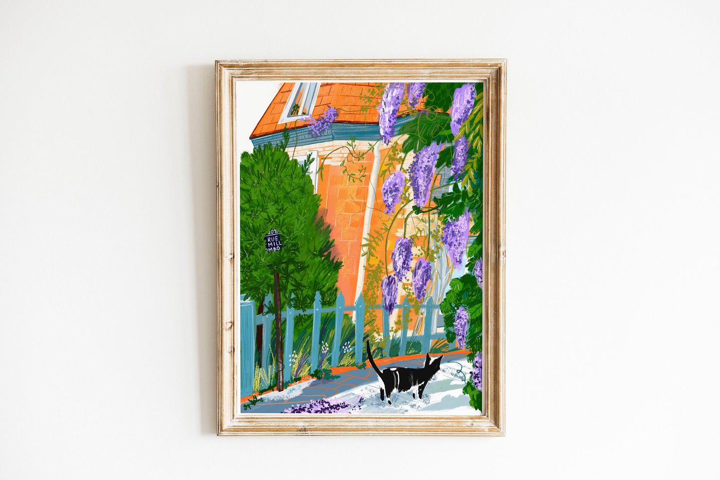 Paris Village Print: Purple Wisteria, Parisian Cat (A4)