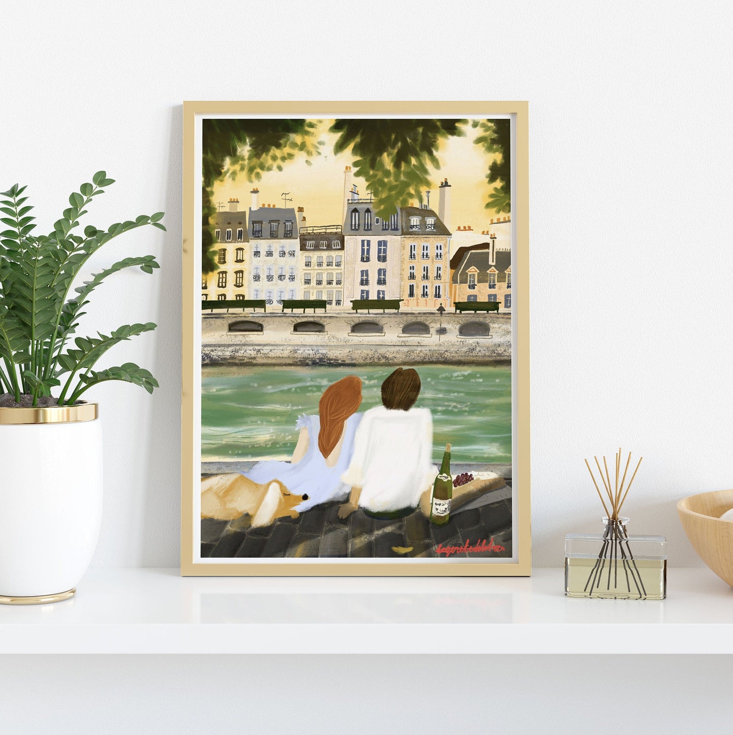 Paris Sunset Print: Couple in Love Illustration, City of Love