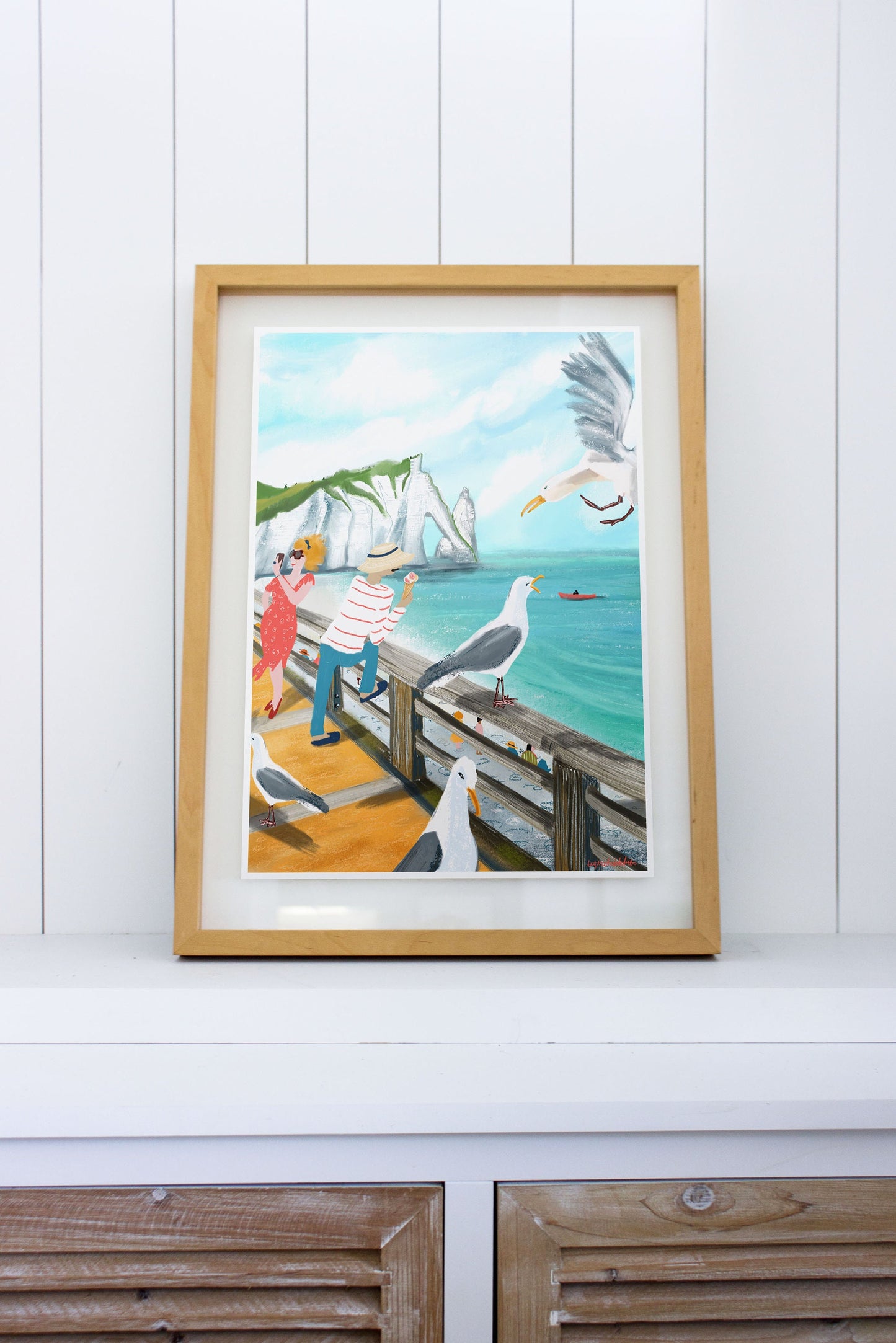 Etretat Cliffs Print: Normandy Seagull Art (Digital Illustration)