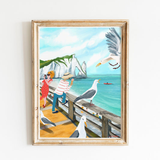 Etretat Cliffs Print: Normandy Seagull Art (Digital Illustration)