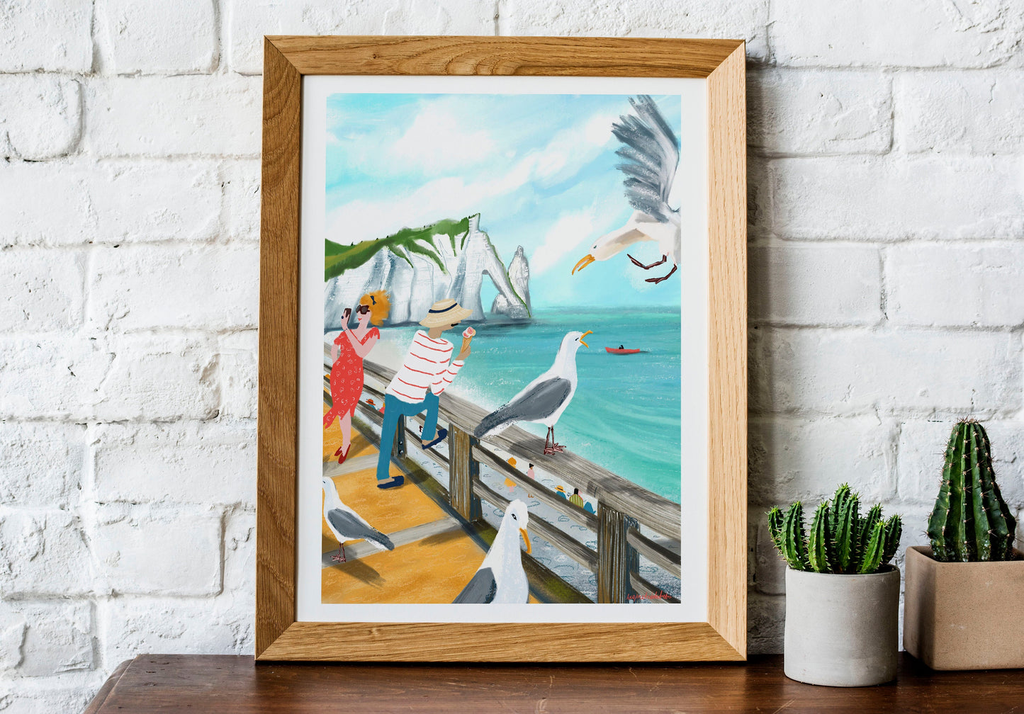 Etretat Cliffs Print: Normandy Seagull Art (Digital Illustration)