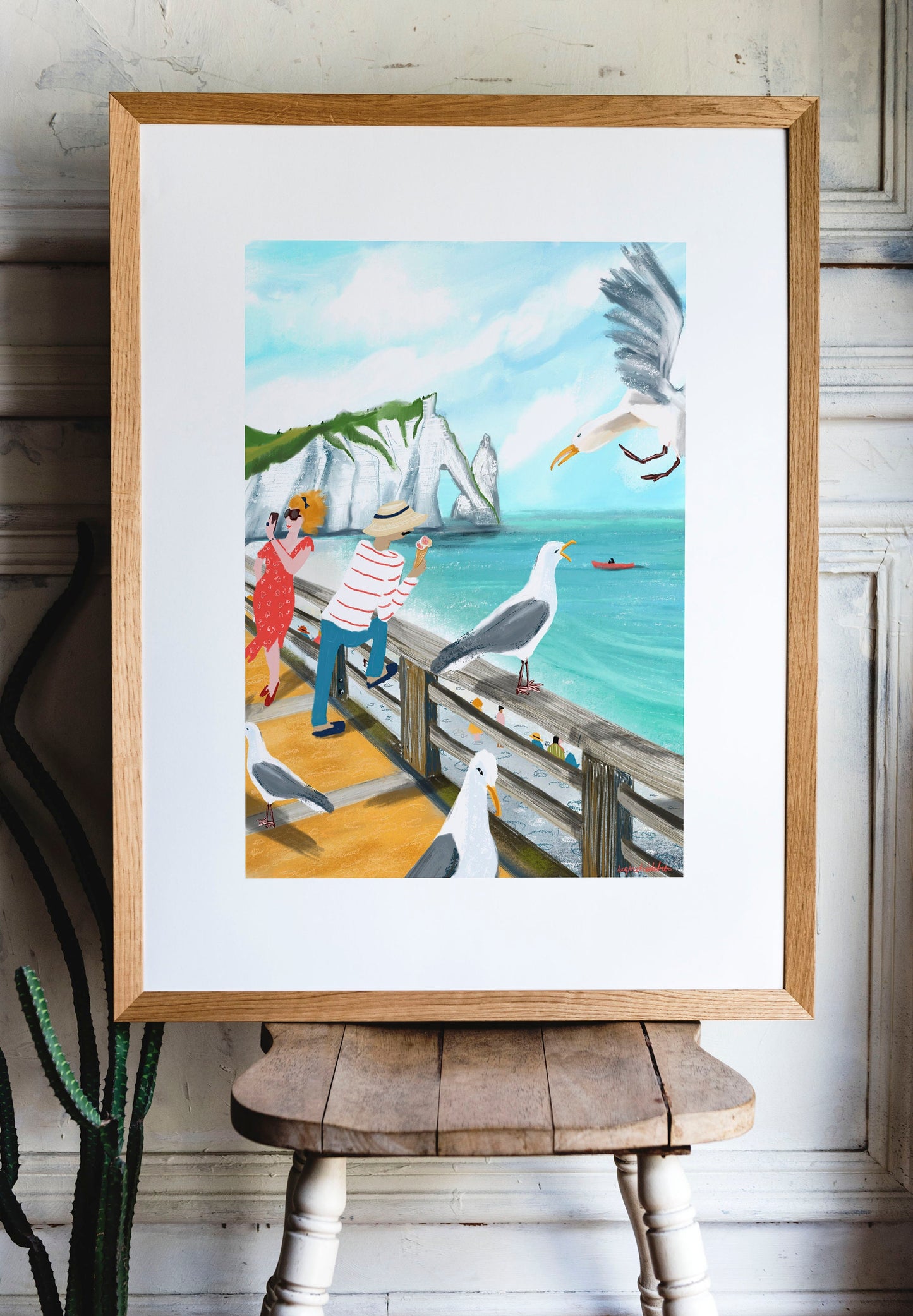 Etretat Cliffs Print: Normandy Seagull Art (Digital Illustration)