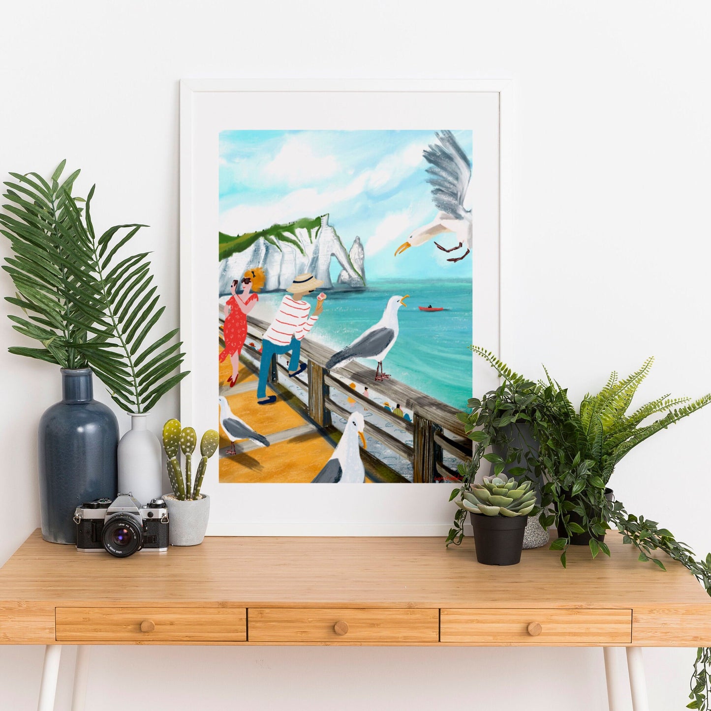 Etretat Cliffs Print: Normandy Seagull Art (Digital Illustration)