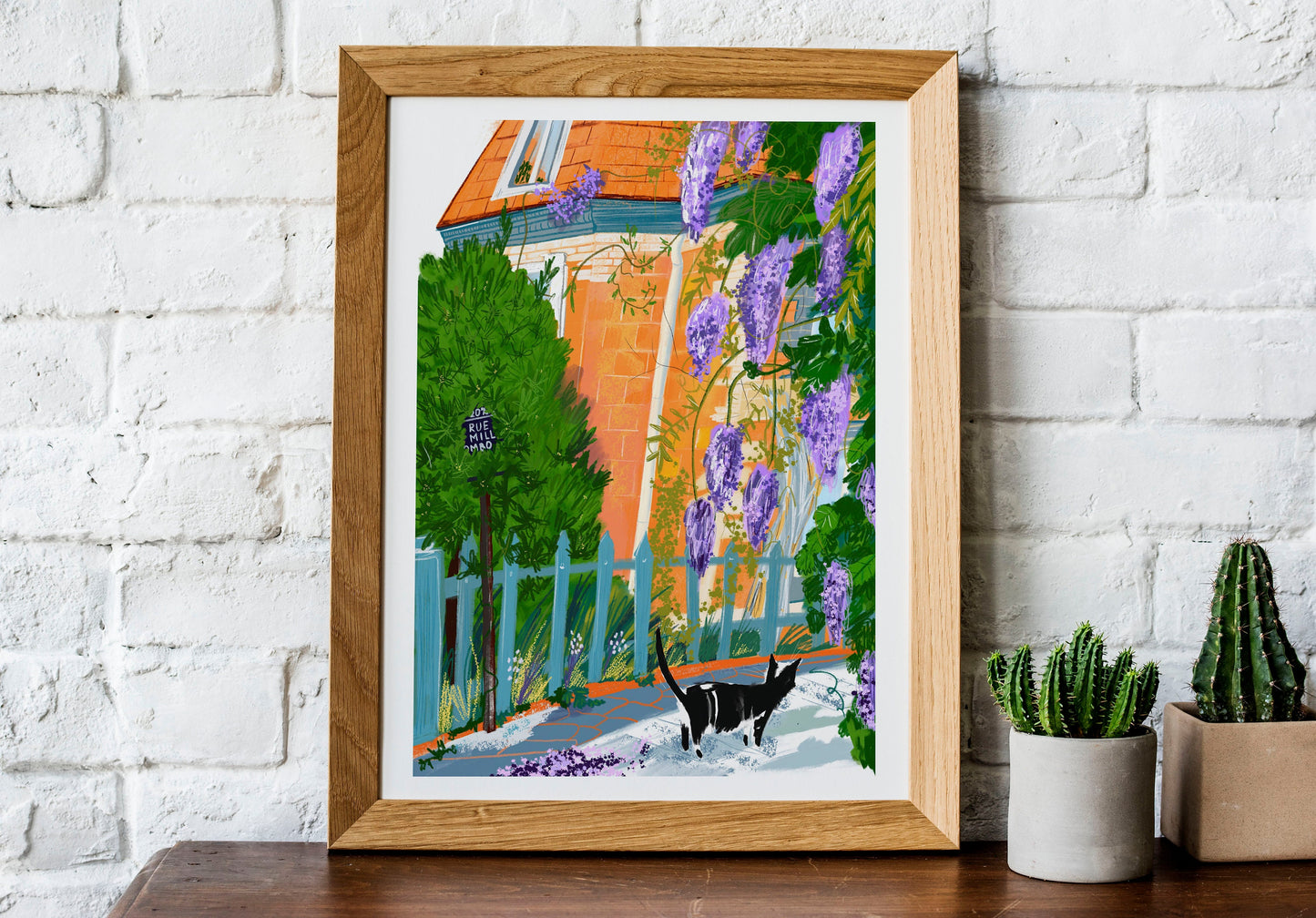 Paris Village Print: Purple Wisteria, Parisian Cat (A4)