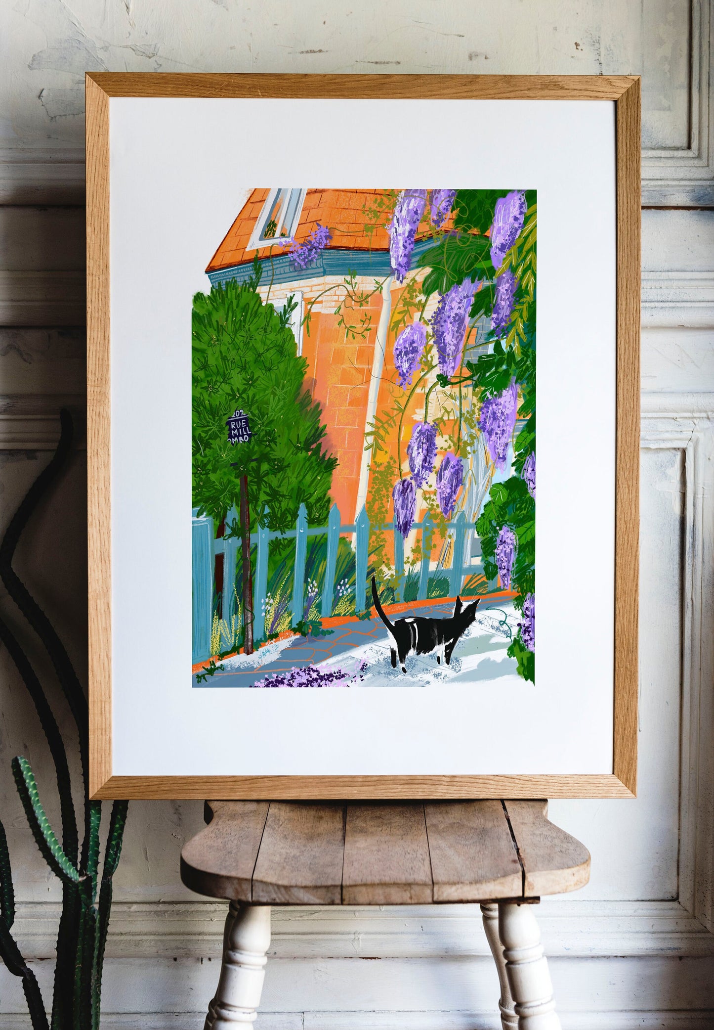 Paris Village Print: Purple Wisteria, Parisian Cat (A4)