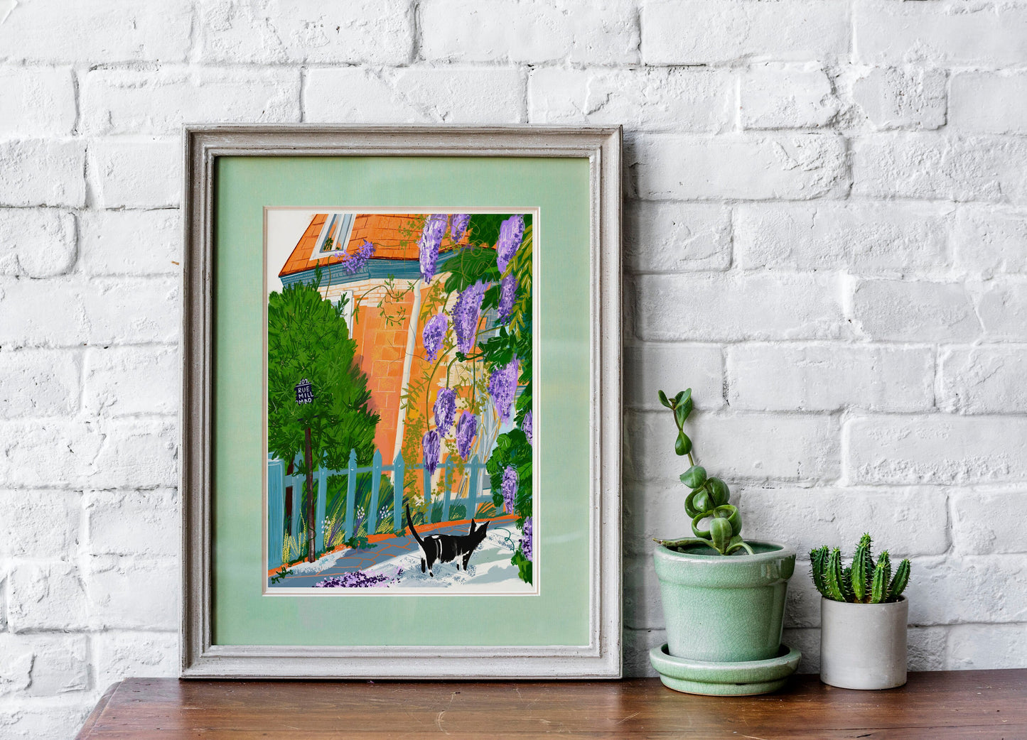 Paris Village Print: Purple Wisteria, Parisian Cat (A4)